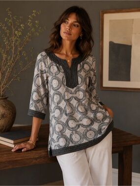 Coach Silk Cotton Tunic Top XS Gray Geometric Print Blouse